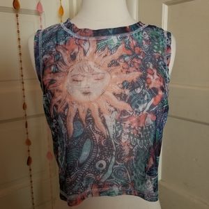 Y2K SHEIN Curve Celestial Sun Mesh Crop Top Fairy Grunge Gothic 1XL